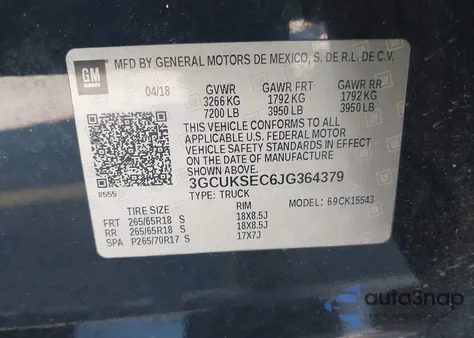 2018 Chevrolet Silverado 1500 2Lz z USA, uszkodzony, nr VIN 3GCUKSEC6JG364379